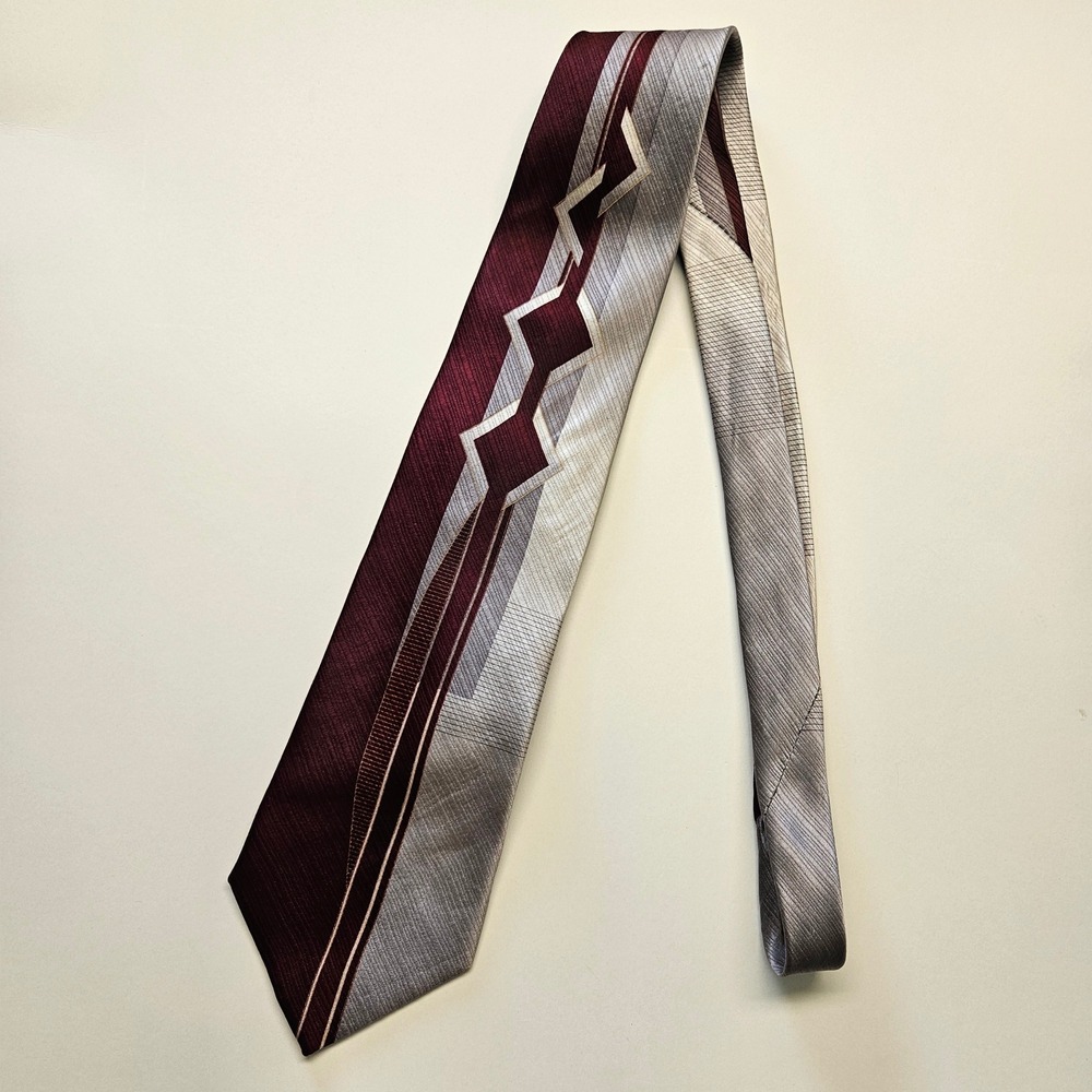 Enrico Capucci Mens Silk Tie‎ Burgundy Silver Geometric Diamond XL Hand Made